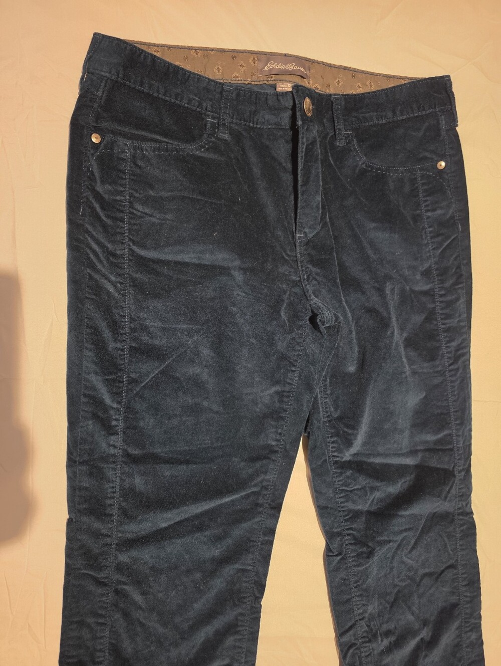 Eddie Bauer Velvet Corduroy Style Straight Pants Sz 12 Blue Raw Leg Hem Stretch